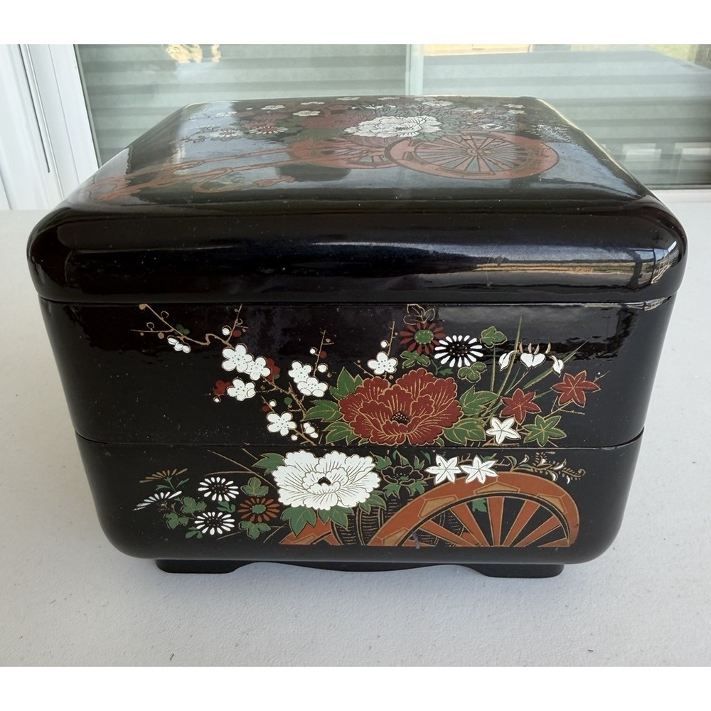 Japanese Black Lacquer Style Floral Decorative Lidded 3-tier  Box